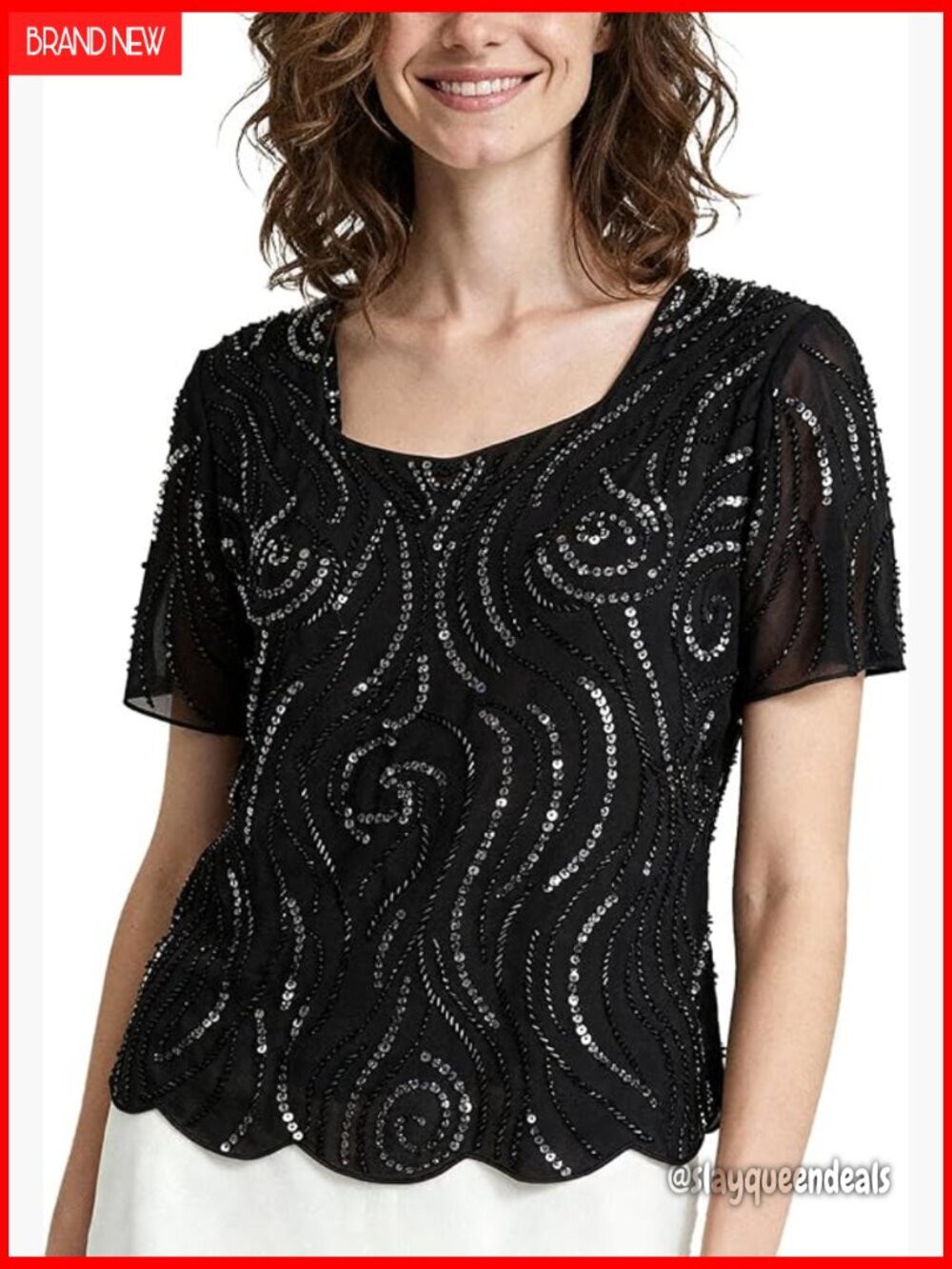 Beaded Sequin Blouse Boat Neck Short Sleeve Fully Lined Dressy Top